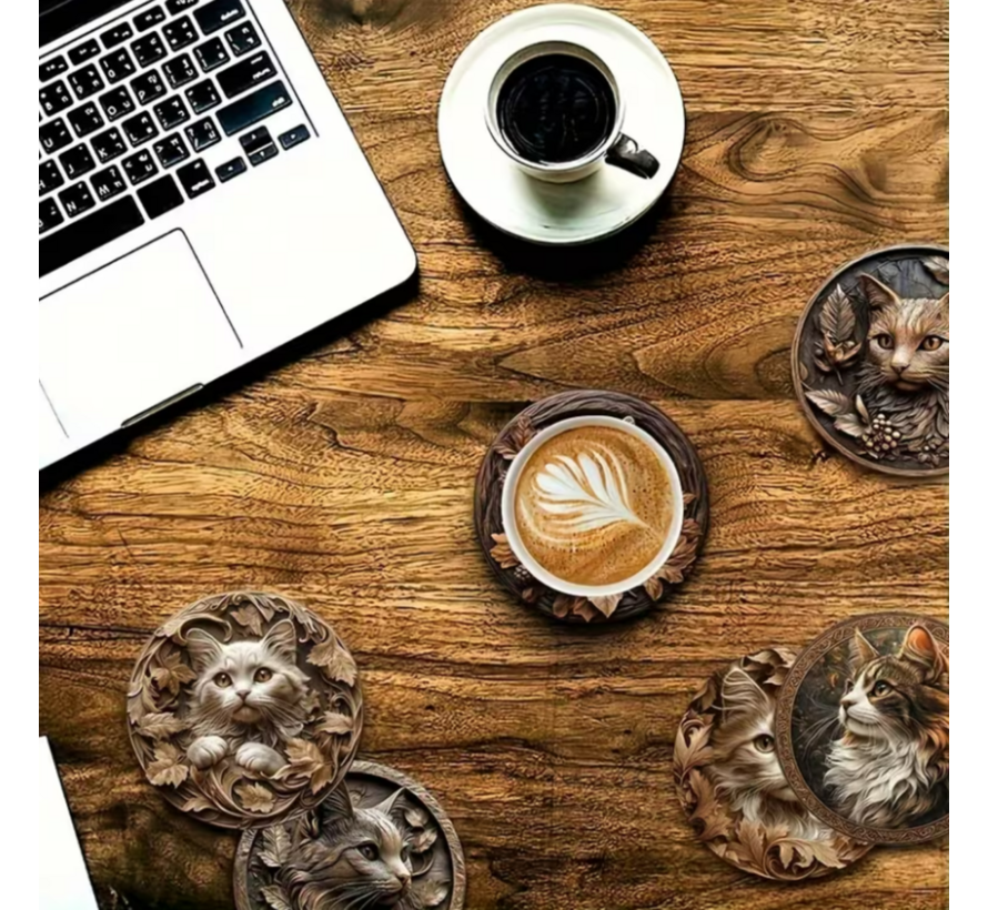 Allernieuwste.nl® 6x Houten Onderzetters met Katjes – Hittebestendig - Decoratief – Vintage Natuurstijl