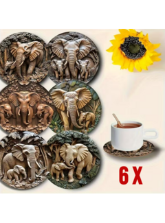 Allernieuwste.nl 6x Houten Onderzetters met Olifanten – Hittebestendig