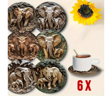 Allernieuwste.nl 6x Houten Onderzetters met Olifanten – Hittebestendig