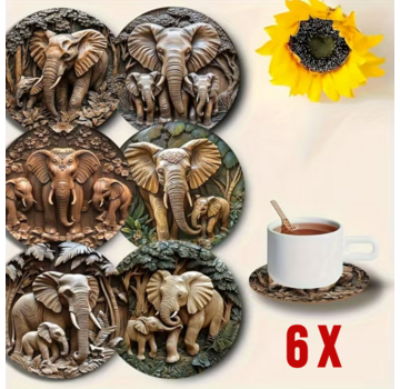 Allernieuwste.nl 6x Houten Onderzetters met Olifanten – Hittebestendig