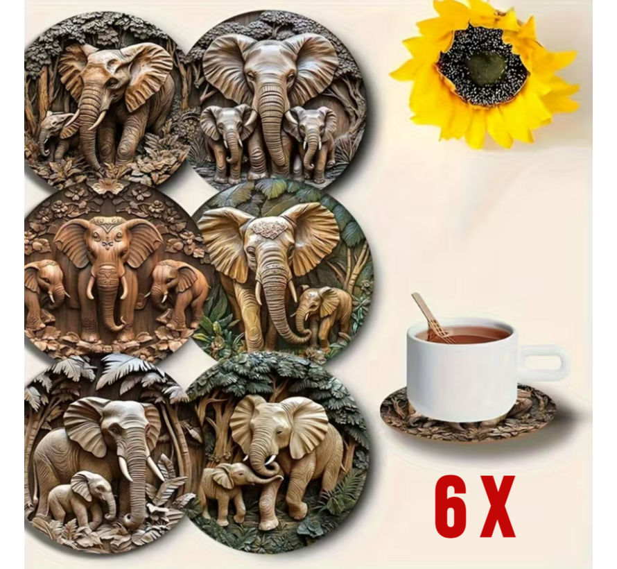 Allernieuwste.nl® 6x Houten Onderzetters met Olifanten – Hittebestendig - Decoratief – Vintage Natuurstijl