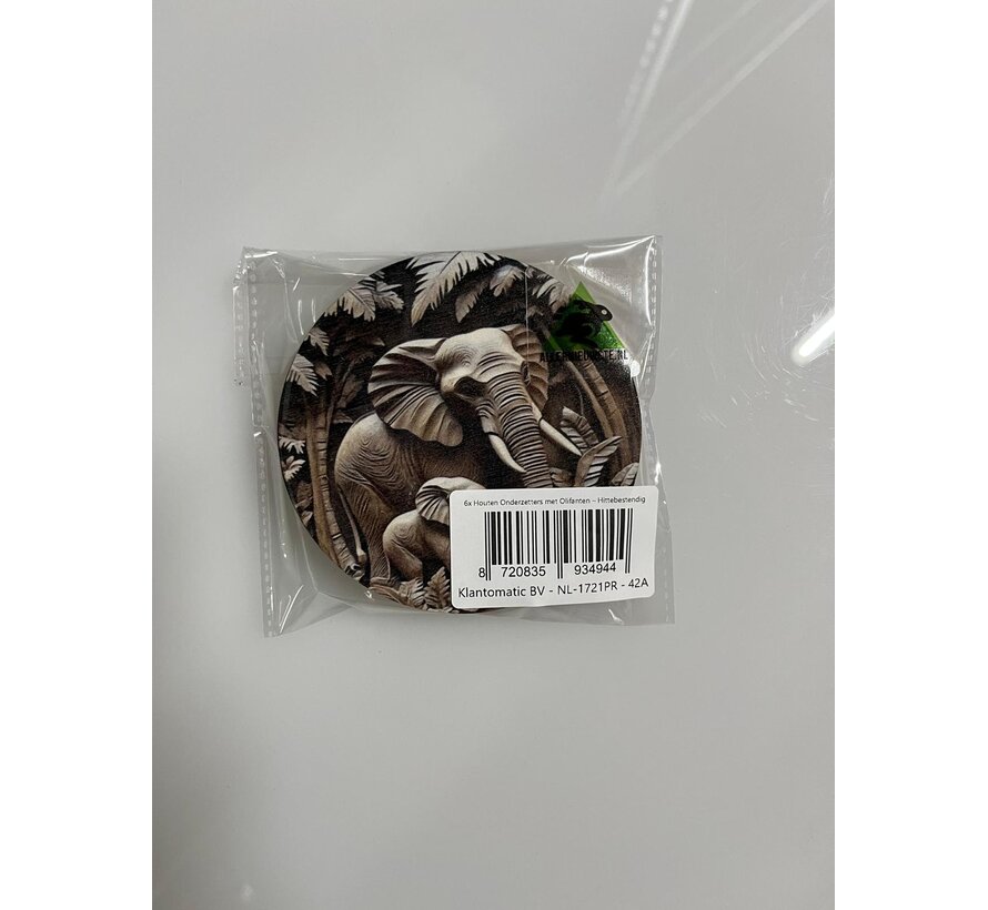 Allernieuwste.nl® 6x Houten Onderzetters met Olifanten – Hittebestendig - Decoratief – Vintage Natuurstijl