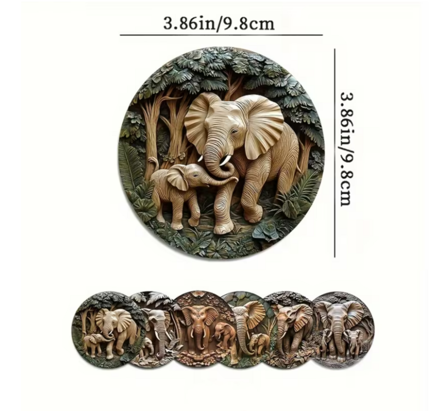 Allernieuwste.nl® 6x Houten Onderzetters met Olifanten – Hittebestendig - Decoratief – Vintage Natuurstijl