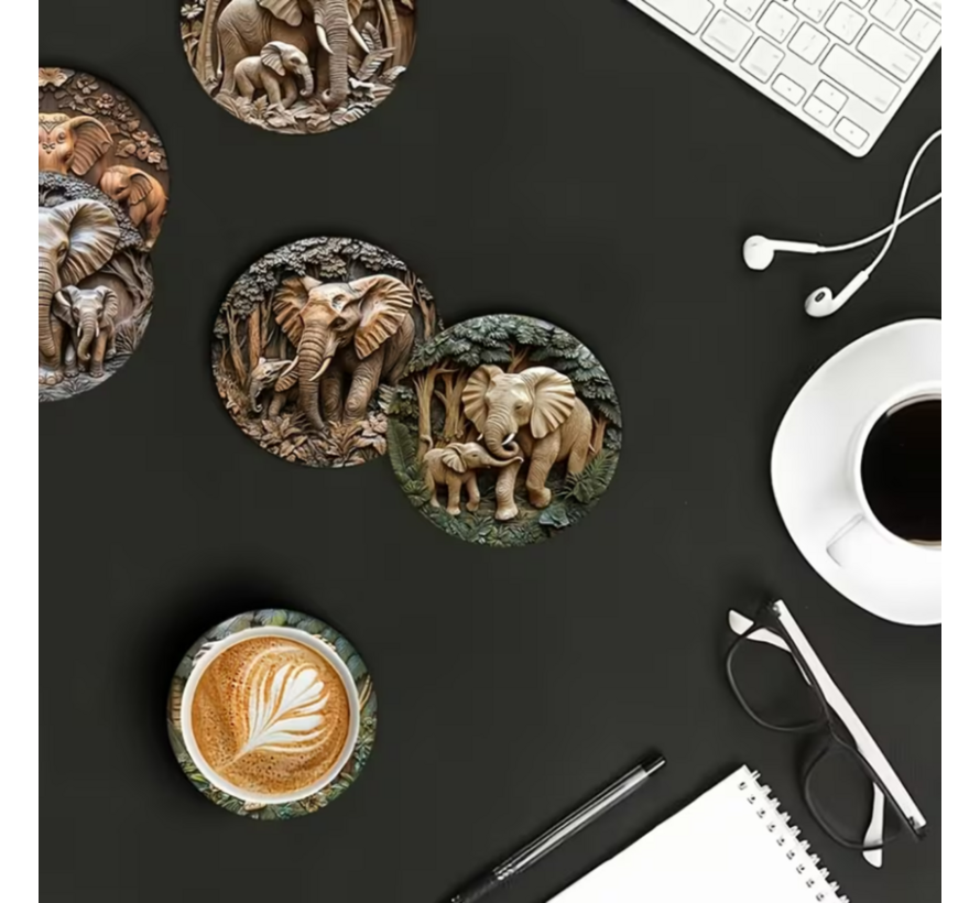 Allernieuwste.nl® 6x Houten Onderzetters met Olifanten – Hittebestendig - Decoratief – Vintage Natuurstijl