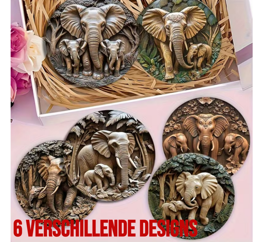 Allernieuwste.nl® 6x Houten Onderzetters met Olifanten – Hittebestendig - Decoratief – Vintage Natuurstijl