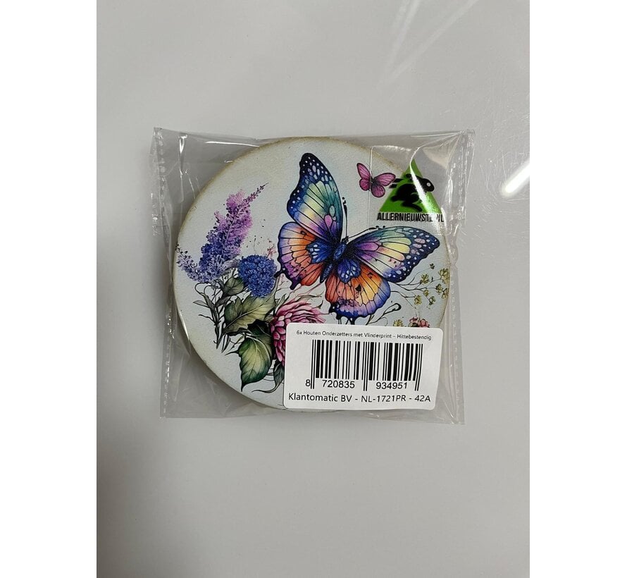 Allernieuwste.nl® 6x Houten Onderzetters met Vlinderprint – Hittebestendig - Decoratief – Vintage Natuurstijl