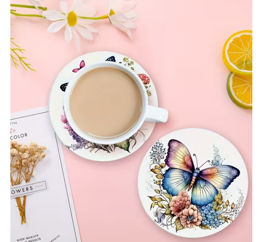 Allernieuwste.nl® 6x Houten Onderzetters met Vlinderprint – Hittebestendig - Decoratief – Vintage Natuurstijl