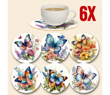 Allernieuwste.nl 6x Houten Onderzetters met Vlinderprint – Hittebestendig