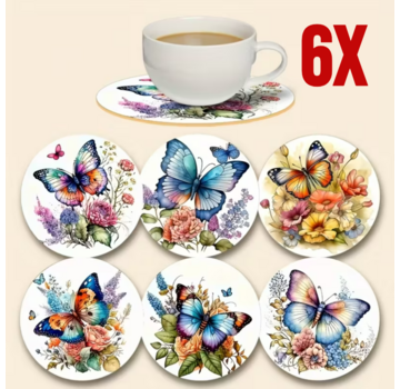 Allernieuwste.nl 6x Houten Onderzetters met Vlinderprint – Hittebestendig