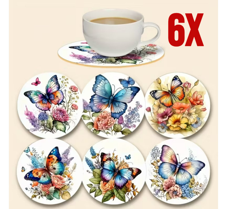 Allernieuwste.nl® 6x Houten Onderzetters met Vlinderprint – Hittebestendig - Decoratief – Vintage Natuurstijl