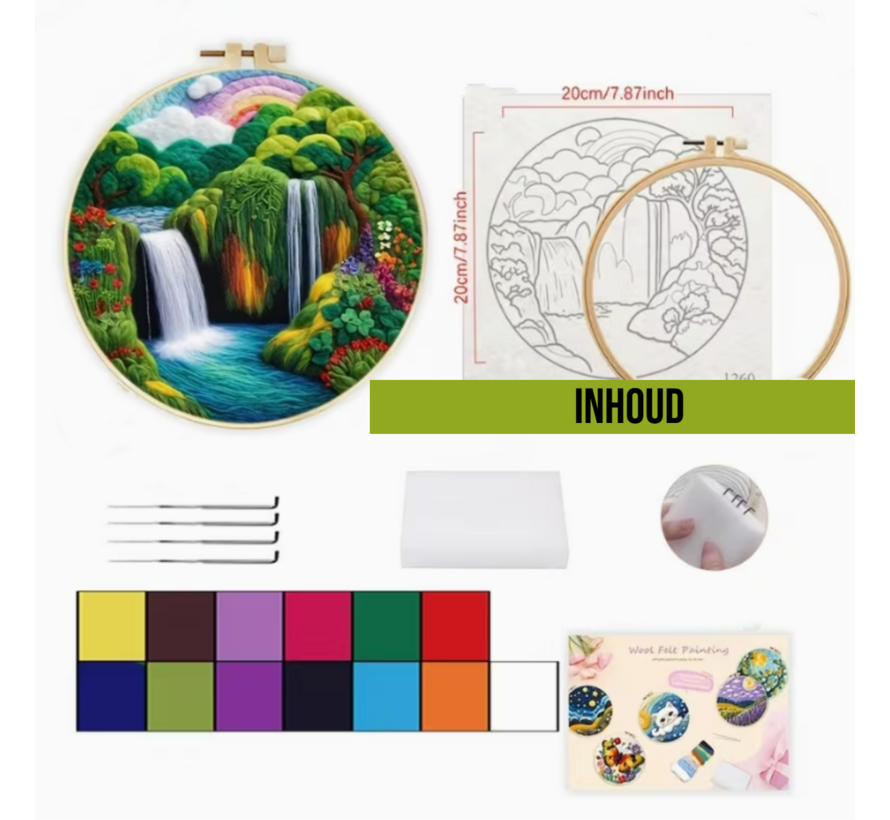 DIY Naaldvilt Wolvilt Pakket Waterval – Complete Starterset – Met Wol, Naalden, Borduurring & Handleiding – Creatief Hobbypakket voor Beginners & Gevorderden
