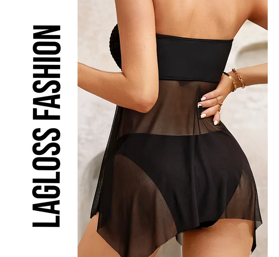 LaGloss® Elegante 2-Delige Tankini met Hoge Stretch & Verfijnde Details - Zwart Strapless Zwempak – Maat M