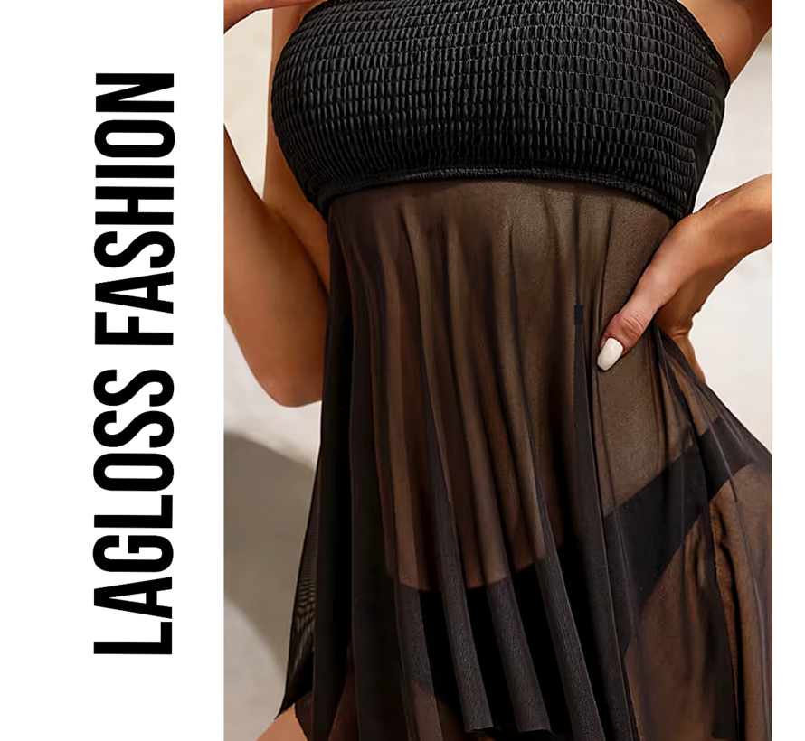 LaGloss® Elegante 2-Delige Tankini met Hoge Stretch & Verfijnde Details - Zwart Strapless Zwempak – Maat L