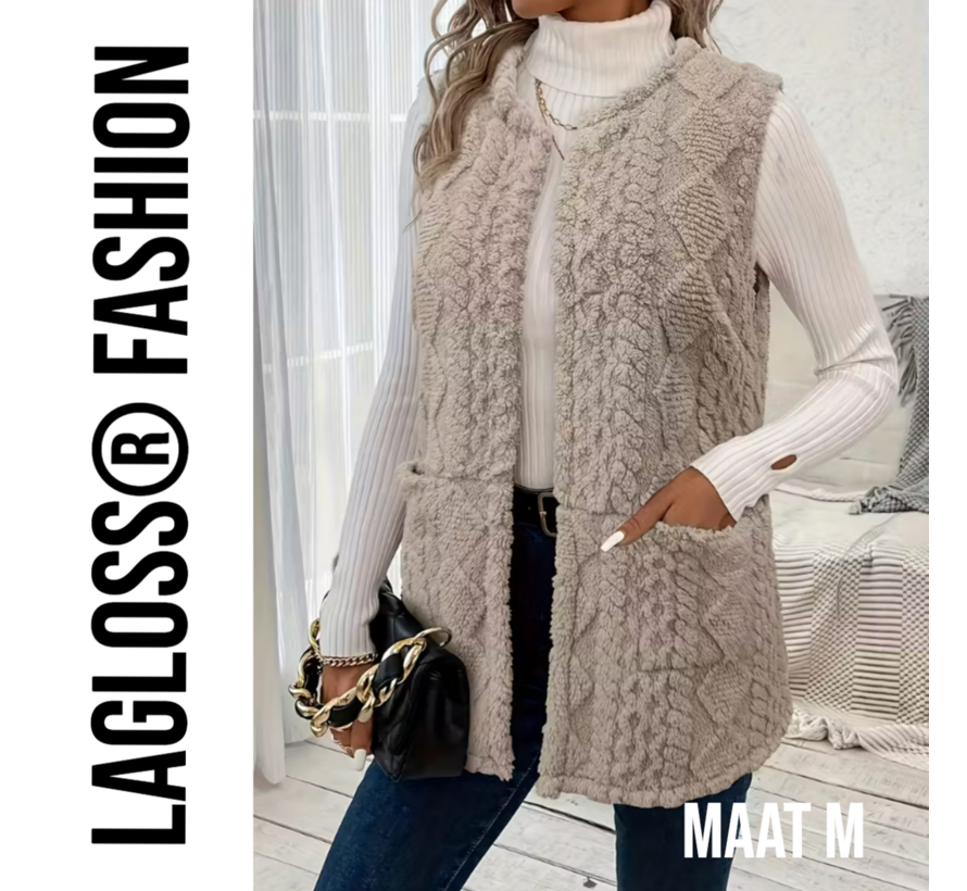 LaGloss® Mouwloos Vest Teddy Khaki - Bodywarmer Pluche - Modieuze Winter Bodywarmer - Maat M
