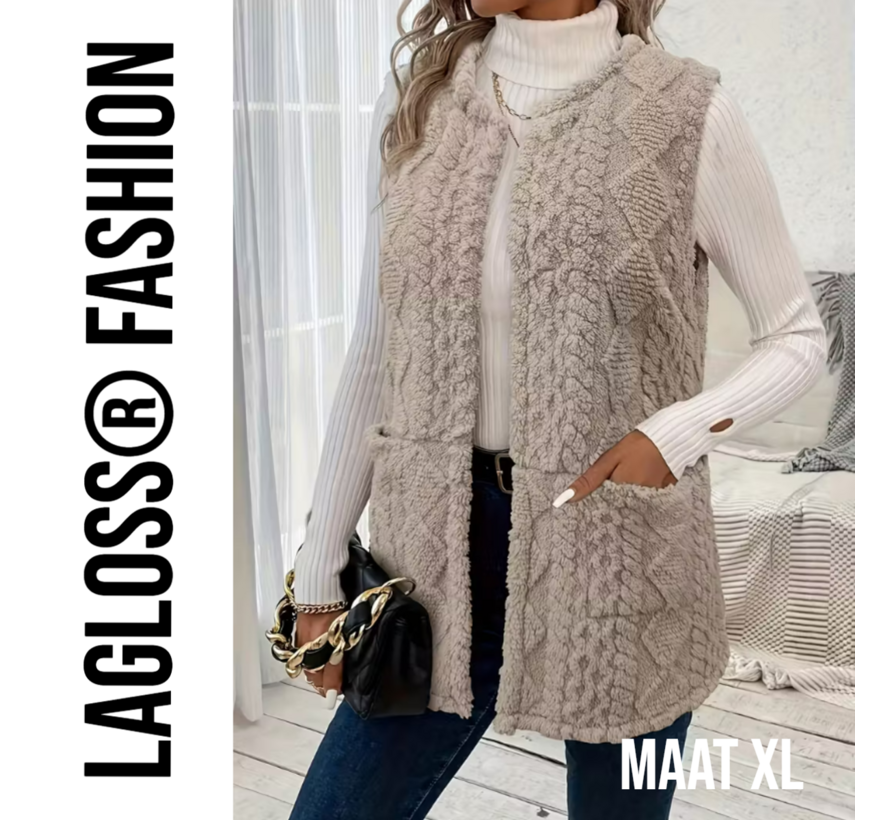 LaGloss® Mouwloos Vest Teddy Khaki - Bodywarmer Pluche - Modieuze Winter Bodywarmer - Maat XL