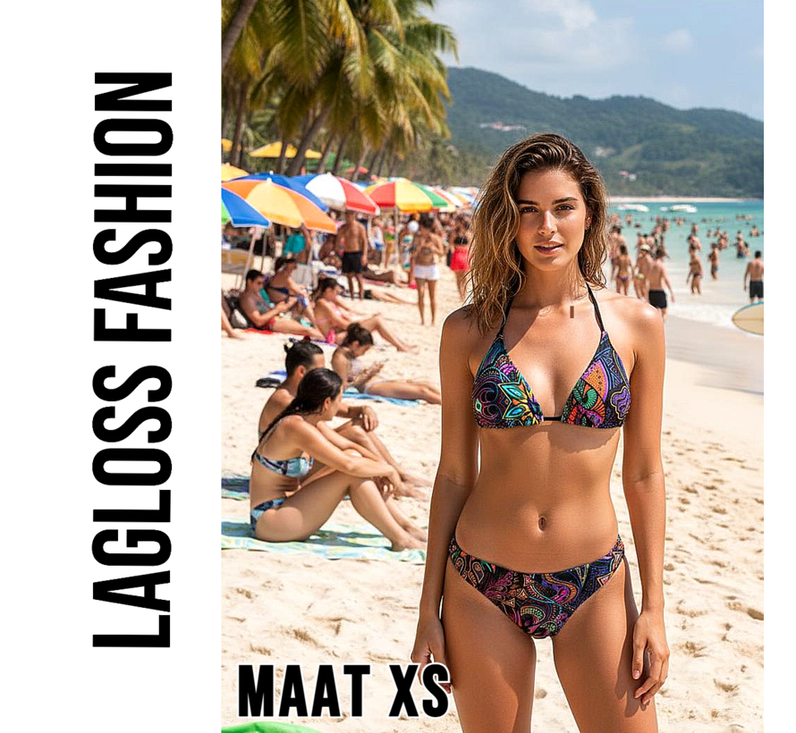 LaGloss® Sexy Retro Print Halterneck Bikini Set met Bindsluiting & Hoge Stretch - Maat XS