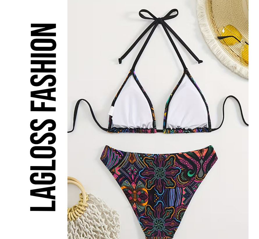 LaGloss® Sexy Retro Print Halterneck Bikini Set met Bindsluiting & Hoge Stretch - Maat L