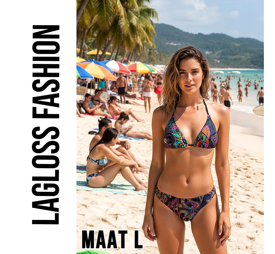 LaGloss® Sexy Retro Print Halterneck Bikini Set met Bindsluiting & Hoge Stretch - Maat L
