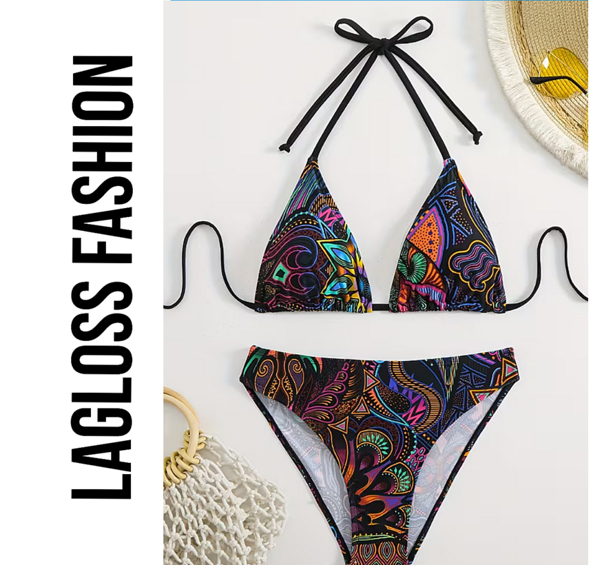 LaGloss® Sexy Retro Print Halterneck Bikini Set met Bindsluiting & Hoge Stretch - Maat XL
