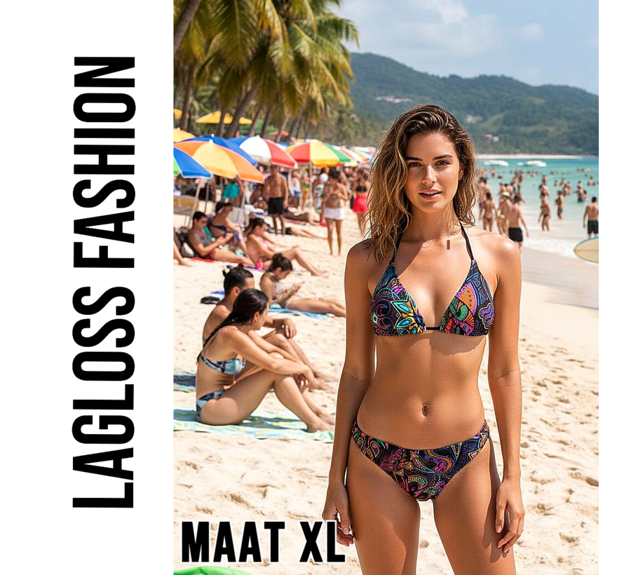LaGloss® Sexy Retro Print Halterneck Bikini Set met Bindsluiting & Hoge Stretch - Maat XL