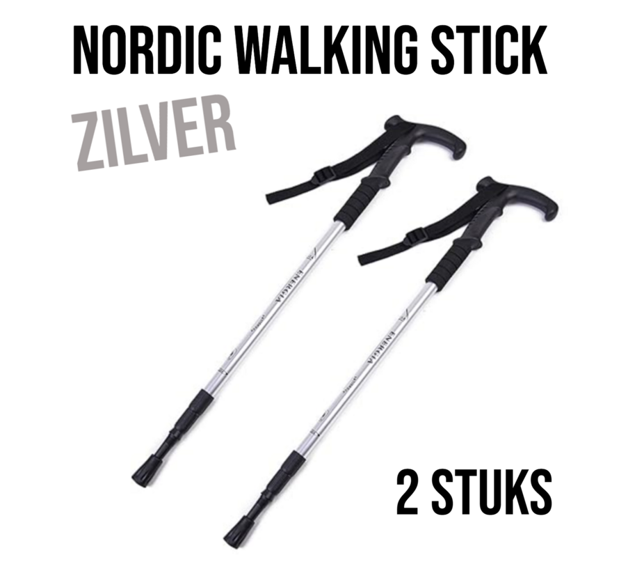 2 Stuks Nordic Walking Stick Zilver – Verstelbare Aluminium Wandelstok - Uitschuifbaar 50–110 cm