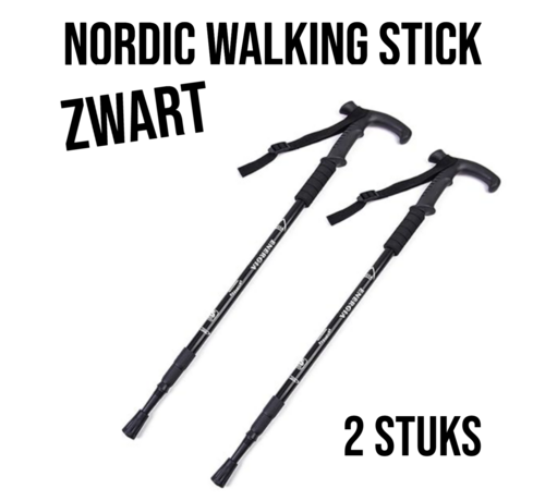 Allernieuwste.nl® 2 Stuks Nordic Walking Stick Zwart – Verstelbare Aluminium Wandelstok - Uitschuifbaar 50–110 cm