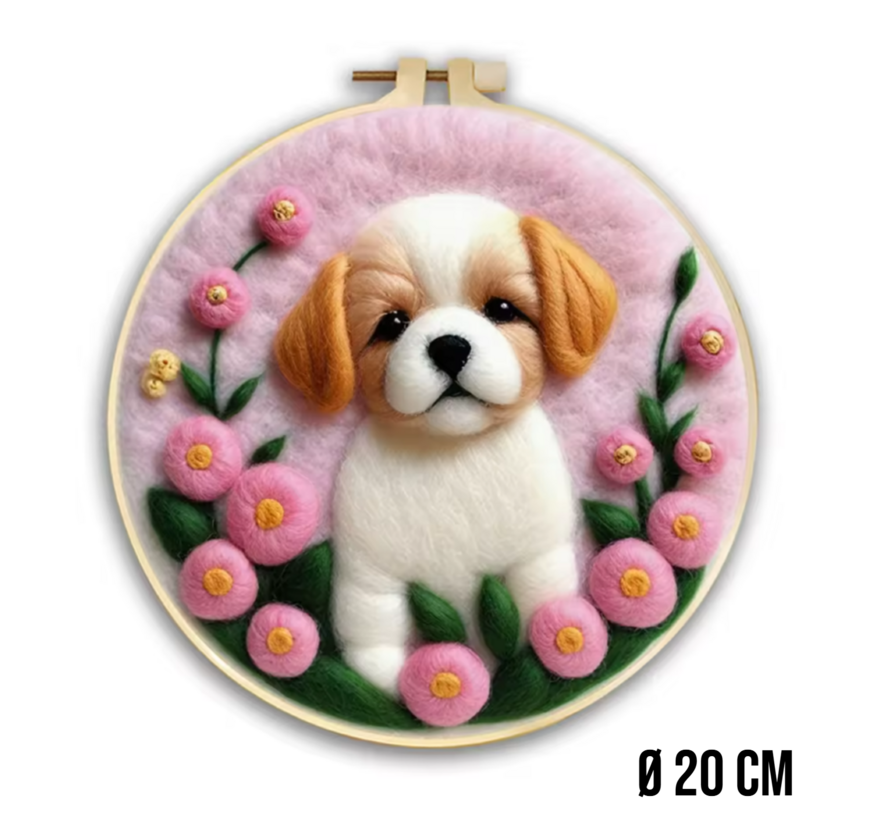 DIY Naaldvilt Wolvilt Pakket – Complete Starterset Puppy met Roze Lucht– Met Wol, Naalden, Borduurring & Handleiding – Creatief Hobbypakket voor Beginners & Gevorderden