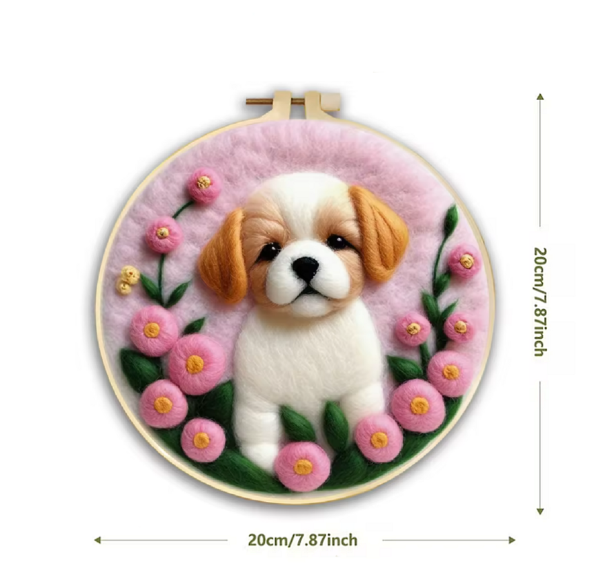 DIY Naaldvilt Wolvilt Pakket – Complete Starterset Puppy met Roze Lucht– Met Wol, Naalden, Borduurring & Handleiding – Creatief Hobbypakket voor Beginners & Gevorderden