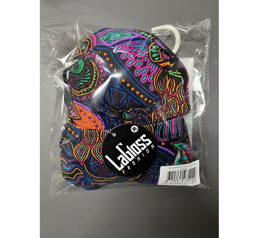 LaGloss® Sexy Retro Print Halterneck Bikini Set met Bindsluiting & Hoge Stretch - Maat M