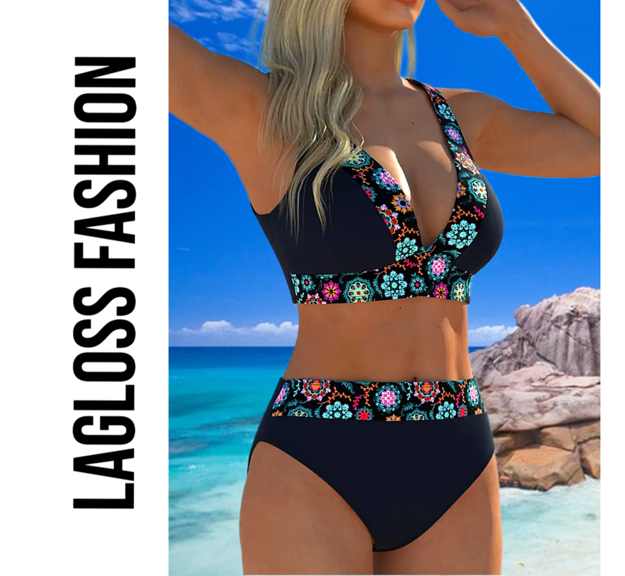 LaGloss® Dames Bikini Set – 2-delig Mandala Print – V-hals – Hoge Taille – Modieuze Zwemkleding Strandoutfit – Maat L