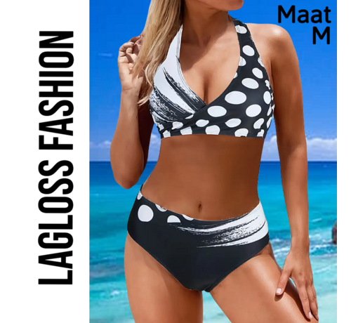 LaGloss LaGloss® 2-Delige Bikini Set met Zwart Wit Print Maat M - Trendy Badmode voor Dames
