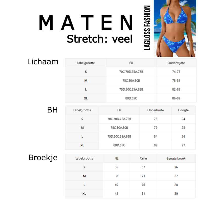 LaGloss® Blauwe Bloemenprint Bikini Dames – Halter Top – 2-delig Badmode - Modieuze Zwemkleding Strandoutfit – Maat L