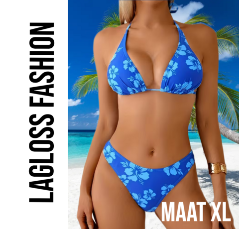 LaGloss LaGloss® Blauwe Bloemenprint Bikini Dames – Halter Top – 2-delig Badmode - Modieuze Zwemkleding Strandoutfit – Maat XL
