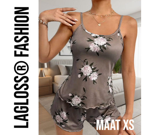 LaGloss LaGloss® Dames Pyjama Set Bloemblaadjesprint – Mouwloos en Short – Luchtig en Comfortabel - Maat XS