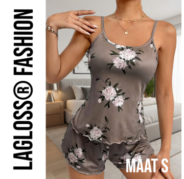 LaGloss Dames Pyjama Set Bloemblaadjesprint en Short – Maat S