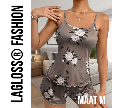 LaGloss LaGloss® Dames Pyjama Set Bloemblaadjesprint – Mouwloos en Short – Luchtig en Comfortabel - Maat M