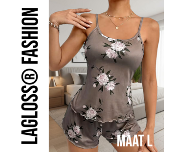 LaGloss Dames Pyjama Set Bloemblaadjesprint en Short – Maat L