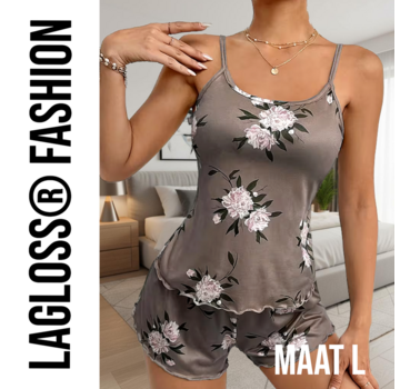 LaGloss Dames Pyjama Set Bloemblaadjesprint en Short – Maat L