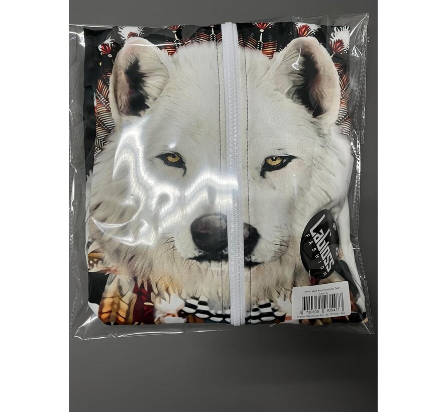 LaGloss® Heren Wolf Print Hoodie Vest Zwart– Fleece Gevoerd Zip-Up Jack met Capuchon, Tribale Wolfpatronen, Zakken & Trekkoord – Warme Wintervest voor Herfst/Winter– Maat XL