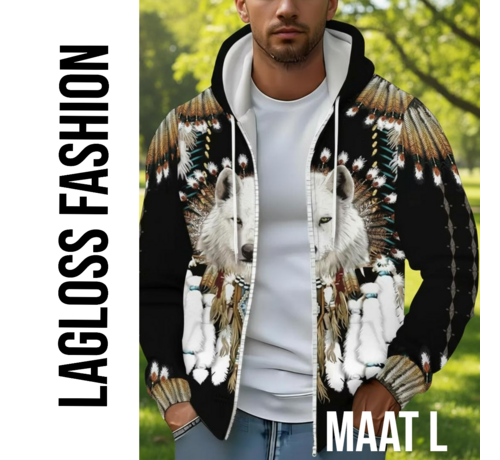 LaGloss LaGloss® Heren Wolf Print Hoodie Vest Zwart– Fleece Gevoerd Zip-Up Jack met Capuchon, Tribale Wolfpatronen, Zakken & Trekkoord – Warme Wintervest voor Herfst/Winter– Maat L