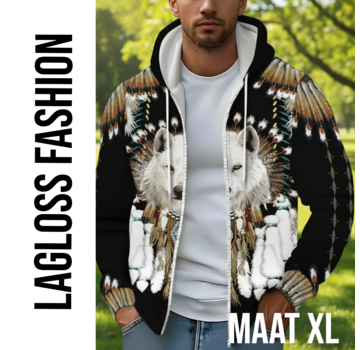 LaGloss Heren Wolf Print Hoodie Jas Zwart – Maat XL