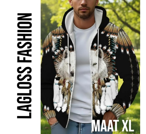 LaGloss LaGloss® Heren Wolf Print Hoodie Vest Zwart– Fleece Gevoerd Zip-Up Jack met Capuchon, Tribale Wolfpatronen, Zakken & Trekkoord – Warme Wintervest voor Herfst/Winter– Maat XL