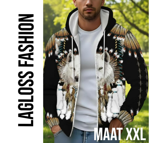 LaGloss LaGloss® Heren Wolf Print Hoodie Vest Zwart– Fleece Gevoerd Zip-Up Jack met Capuchon, Tribale Wolfpatronen, Zakken & Trekkoord – Warme Wintervest voor Herfst/Winter– Maat XXL