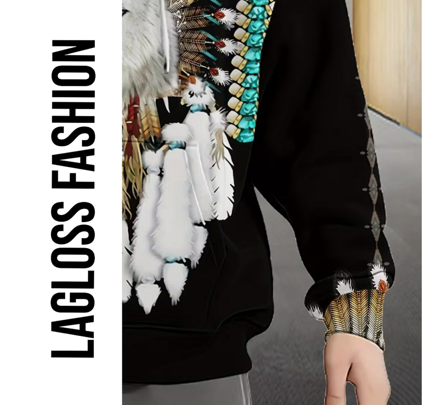 LaGloss® Heren Wolf Print Hoodie Vest Zwart– Fleece Gevoerd Zip-Up Jack met Capuchon, Tribale Wolfpatronen, Zakken & Trekkoord – Warme Wintervest voor Herfst/Winter– Maat L