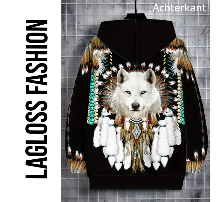 LaGloss® Heren Wolf Print Hoodie Vest Zwart– Fleece Gevoerd Zip-Up Jack met Capuchon, Tribale Wolfpatronen, Zakken & Trekkoord – Warme Wintervest voor Herfst/Winter– Maat XL