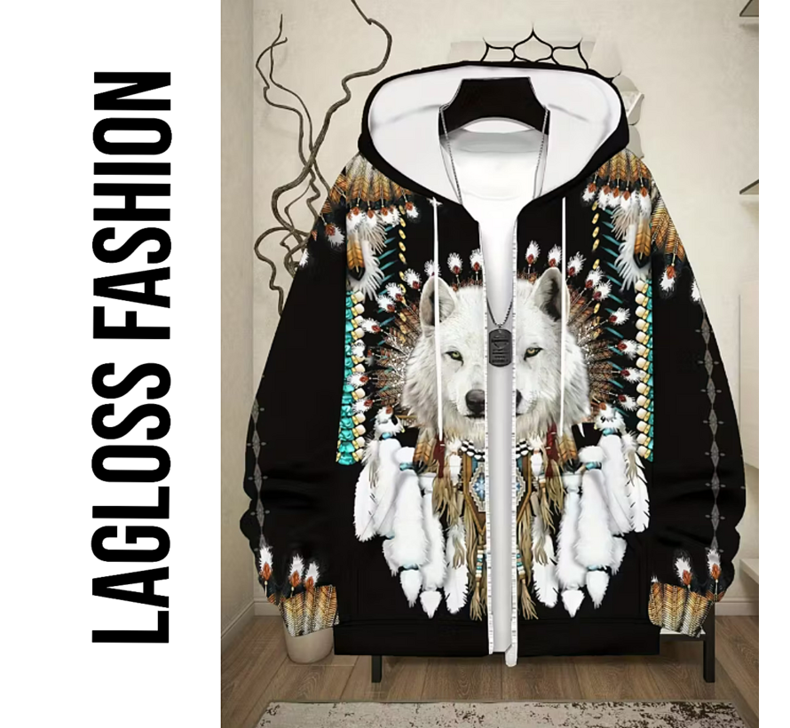 LaGloss® Heren Wolf Print Hoodie Vest Zwart– Fleece Gevoerd Zip-Up Jack met Capuchon, Tribale Wolfpatronen, Zakken & Trekkoord – Warme Wintervest voor Herfst/Winter– Maat XL