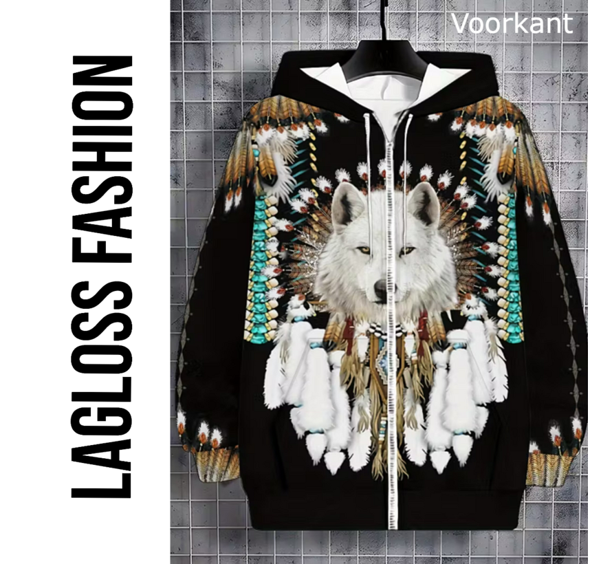 LaGloss® Heren Wolf Print Hoodie Vest Zwart– Fleece Gevoerd Zip-Up Jack met Capuchon, Tribale Wolfpatronen, Zakken & Trekkoord – Warme Wintervest voor Herfst/Winter– Maat XL