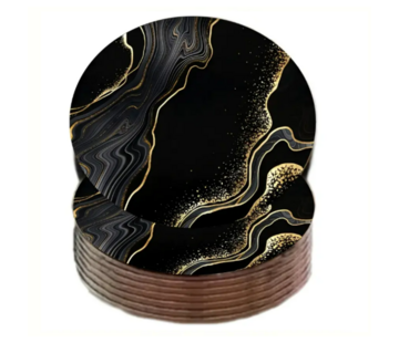 Allernieuwste.nl® 6 Stuks Luxe Houten Marmer Onderzetters - Goud-Zwart - 10 cm