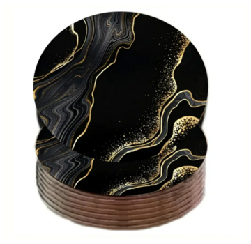 Allernieuwste.nl® 6 Stuks Luxe Houten Marmer Onderzetters - Goud-Zwart - 10 cm