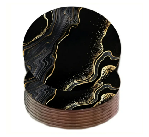 Allernieuwste.nl® Luxe Marmer Onderzetters voor Glazen 6 Stuks  – Goud-Zwart – Hout Rond 10 cm - Antislip Coasters